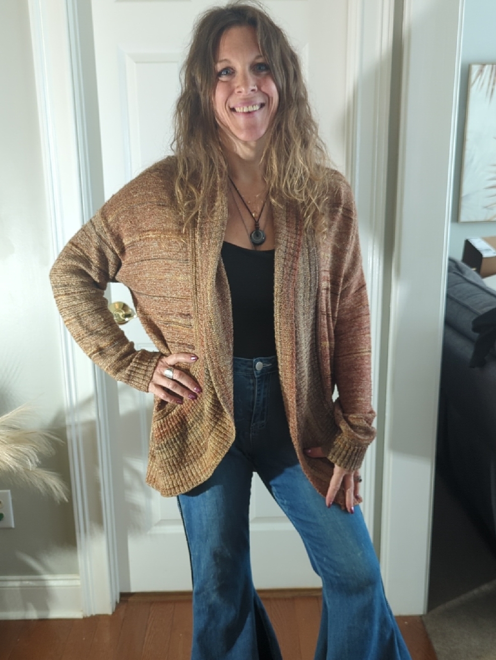Leo & Nicole Open-Front Multitone Tan-Brown Cardigan